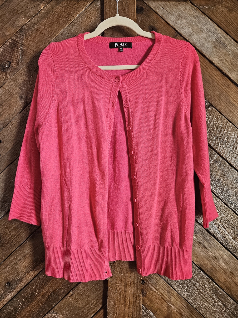 Coral Pink Button-Front 3/4 Sleeve Cardigan